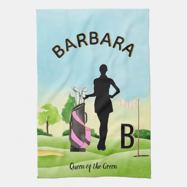 Lady Golfer Golf Course Custom Name 3-D Monogram   Kitchen Towel (Vertical)