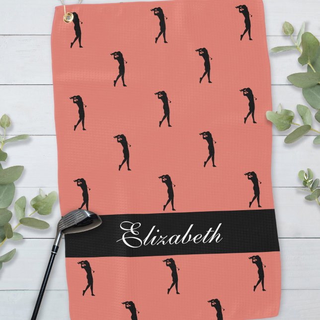 Lady Golfer Pattern Orange Blush  Golf Towel (Stylish Lady Golfer Customized Name Pattern Orange Blush Golf Towel)