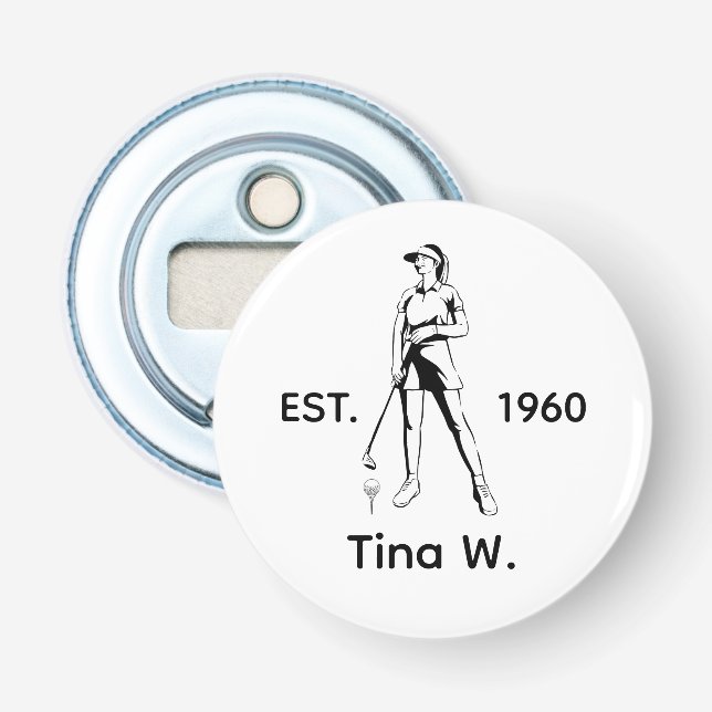 Lady Golfer Personalized name and year  Bottle Opener (Front)