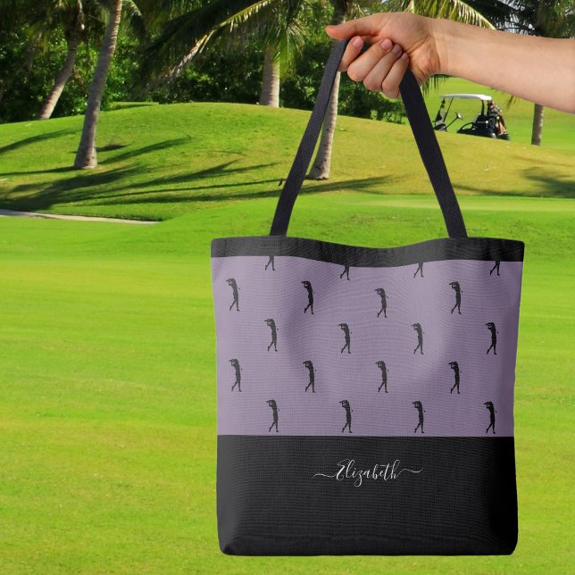 Lady Golfer Personalized Name Pattern Purple Black Tote Bag (Personalized Golfer Modern Silhouette Purple Black Tote Bag)