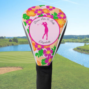 Lady Golfer Pink Orange Preppy Custom Name Ladies Golf Head Cover