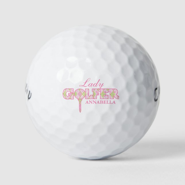 Lady golfer pink plaid personalize gift golf balls (Front)