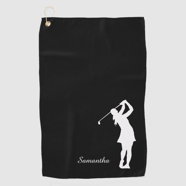Lady Golfer Silhouette Black White Monogram Golf Towel (Front)