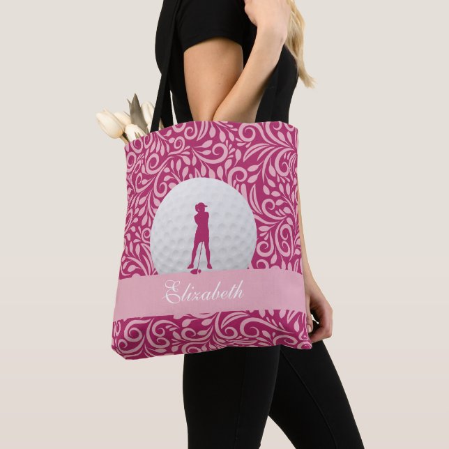Lady Golfer Silhouette Custom Name Pattern Pink Tote Bag (Close Up)