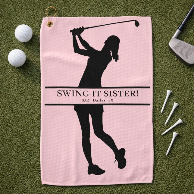 Lady Golfer Silhouette Personalized Monogram Golf Towel (Personalize with initials, city, state.  Change the phrase too, if you wish)