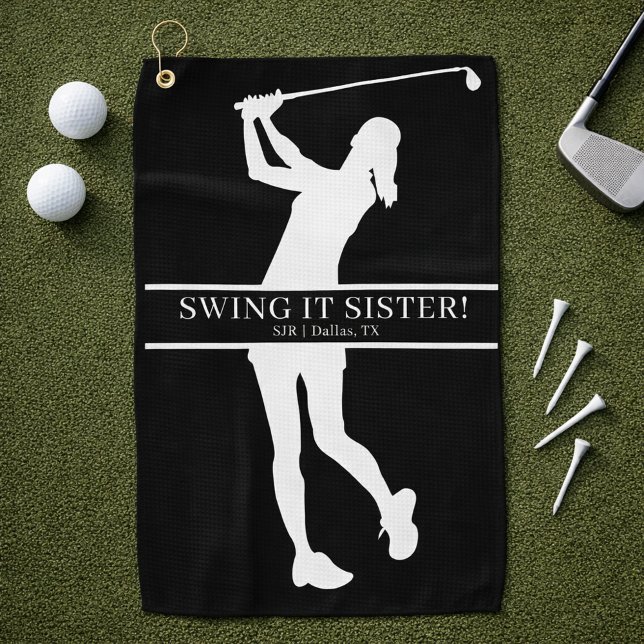 Lady Golfer Silhouette Personalized Monogram  Golf Towel (Personalize with initials, city and state)
