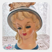 Lady Head Vase Blonde Teen Blue Hat Flower