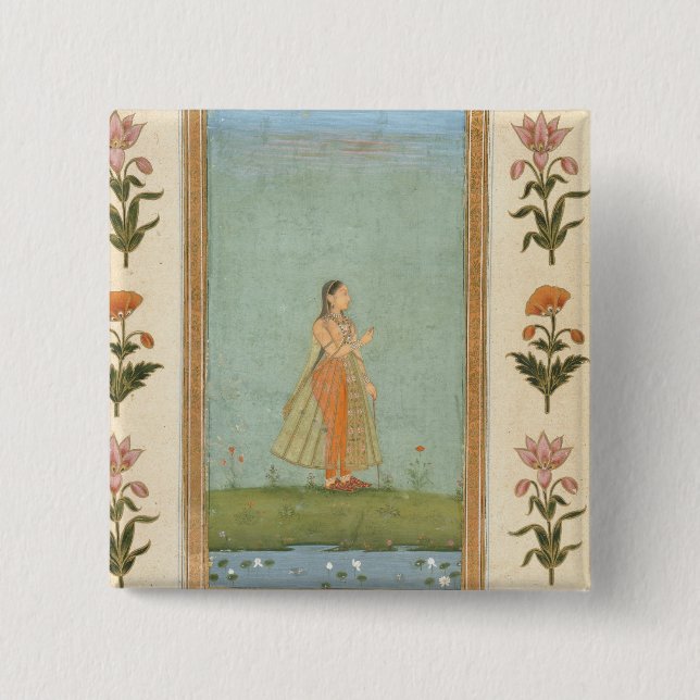 Lady holding a flower, standing by a lily pond, fr 2 inch square button (Front)