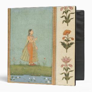 Lady holding a flower, standing by a lily pond, fr binder