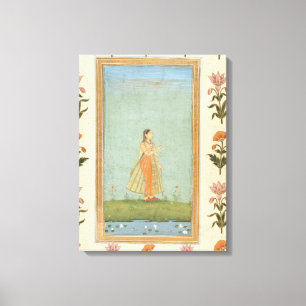 Lady holding a flower, standing by a lily pond, fr canvas print