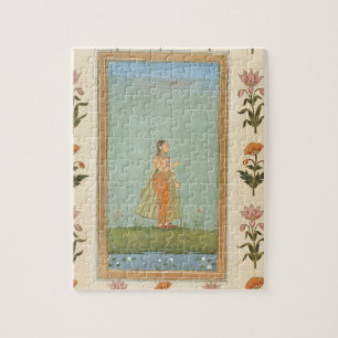 Lady holding a flower, standing by a lily pond, fr jigsaw puzzle