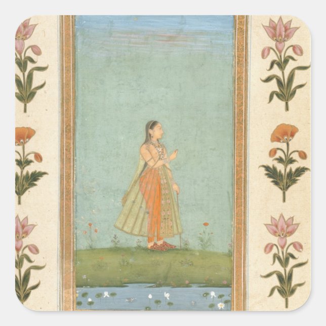 Lady holding a flower, standing by a lily pond, fr square sticker (Front)