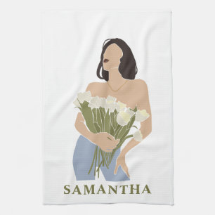 Lady Holding Bouquet Of Flowers Green Abstract Art Kitchen Towel