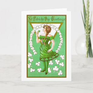 Lady Holding Shamrock Vintage St Patricks Day Card
