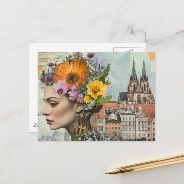 Lady in a City Collage Flowers Buildings Postcard (Front/Back In Situ)