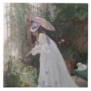 Lady in a Garden Caring For Her Flowers With Love Tile