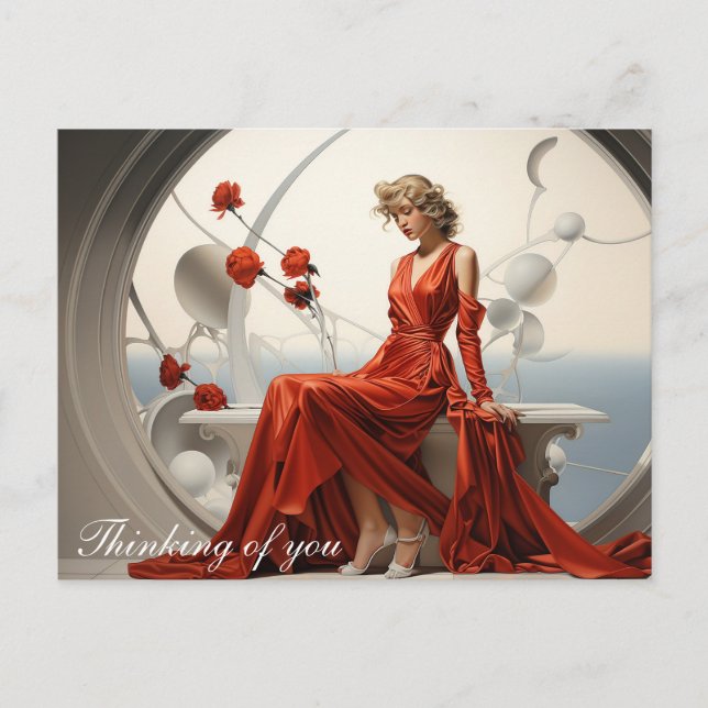 Lady in a red dress in a white room painting postcard (Front)