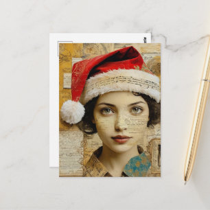 Lady in a Santa Hat Mixed Media Collage Postcard
