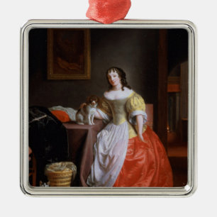 Lady in a yellow and red dress metal ornament