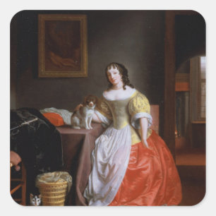 Lady in a yellow and red dress square sticker