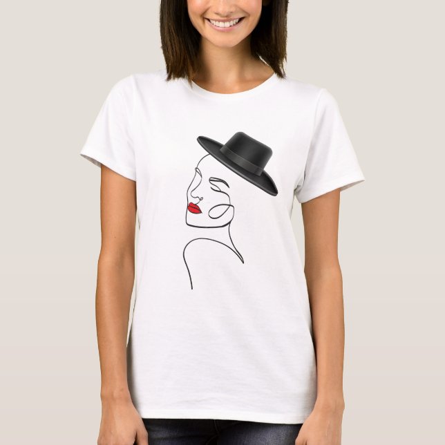 Lady in Black Hat with Red Lips Line Art T-Shirt (Front)
