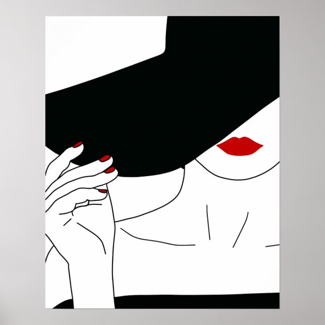 Lady In Black Hat With Red Lipstick Line Art Poster (Front)