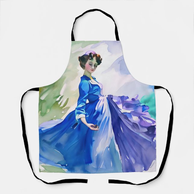 Lady in Blue Dress - Watercolor Painting Apron (Front)