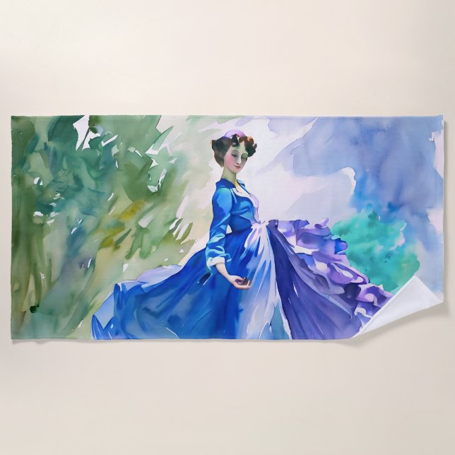 Lady in Blue Dress - Watercolor Painting Beach Towel (Front)