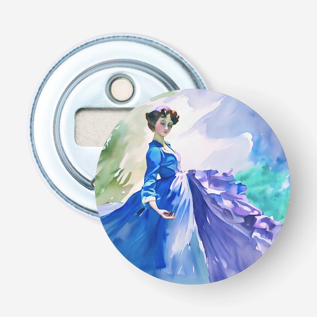 Lady in Blue Dress - Watercolor Painting Bottle Opener (Front)