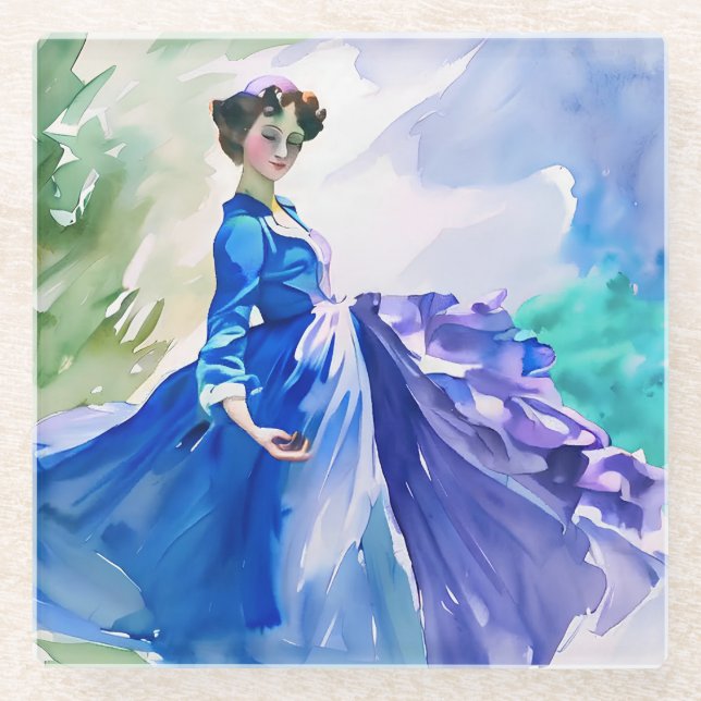 Lady in Blue Dress - Watercolor Painting Glass Coaster (Front)