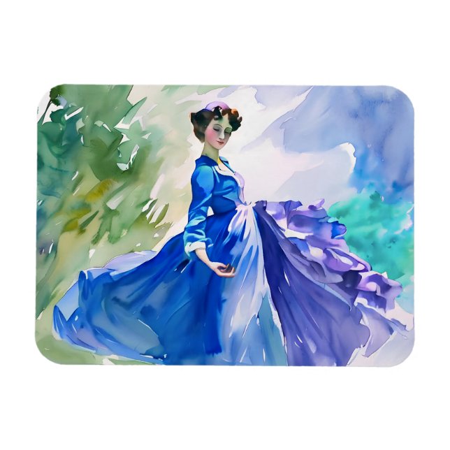 Lady in Blue Dress - Watercolor Painting Magnet (Horizontal)
