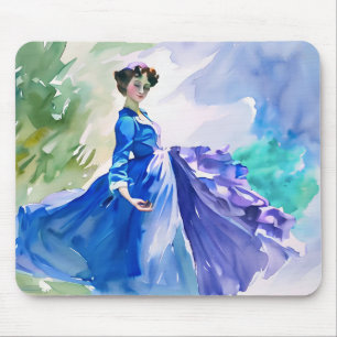 Lady in Blue Dress - Watercolor Painting Mouse Pad
