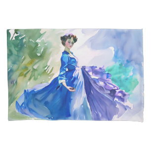 Lady in Blue Dress - Watercolor Painting Pillowcase