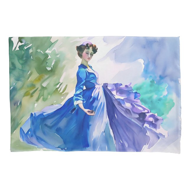 Lady in Blue Dress - Watercolor Painting Pillowcase (Front)