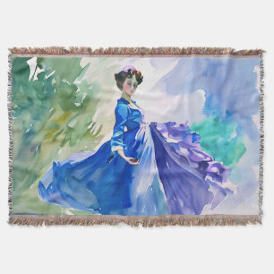 Lady in Blue Dress - Watercolor Painting Throw Blanket