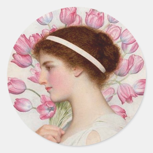 Lady in Classical Dress with Pink Tulips Classic Round Sticker (Front)
