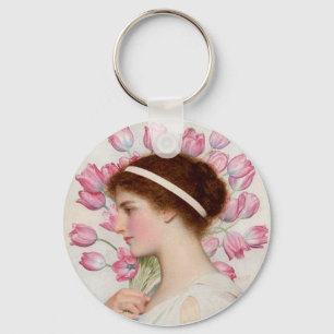 Lady in Classical Dress with Pink Tulips Keychain