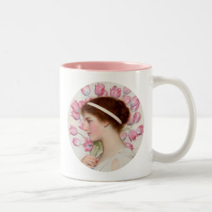 Lady in Classical Dress with Pink Tulips Two-Tone Coffee Mug