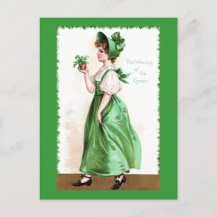 Lady in Green with Shamrocks Vintage St Patrick's Postcard