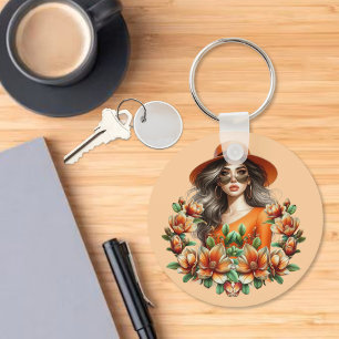 Lady in Orange Derby Hat - Orange Floral Keychain