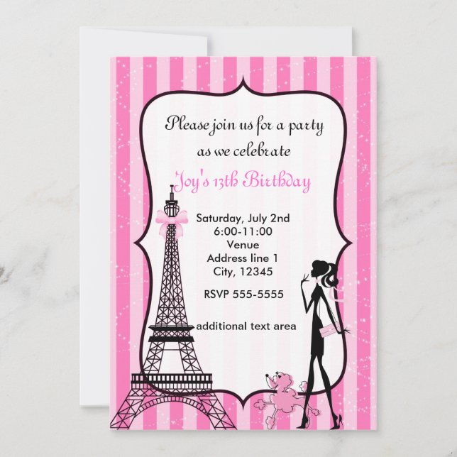 Lady in Paris Eiffel Tower Pink Poodle Invitation (Front)