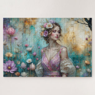 Lady in Pink, textured floral landscape teal gold Jigsaw Puzzle