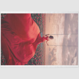 Lady in Red Swinging Over Roses Tissue Paper