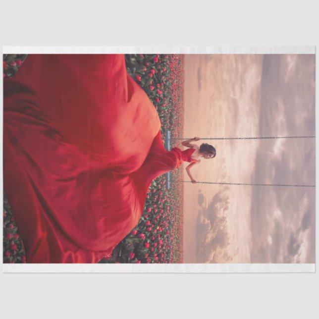 Lady in Red Swinging Over Roses Tissue Paper (Front)