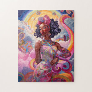 Lady In Surreal World African American Art Pink Jigsaw Puzzle