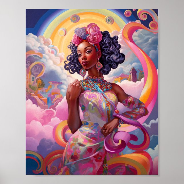 Lady In Surreal World African American Art Pink Poster (Front)
