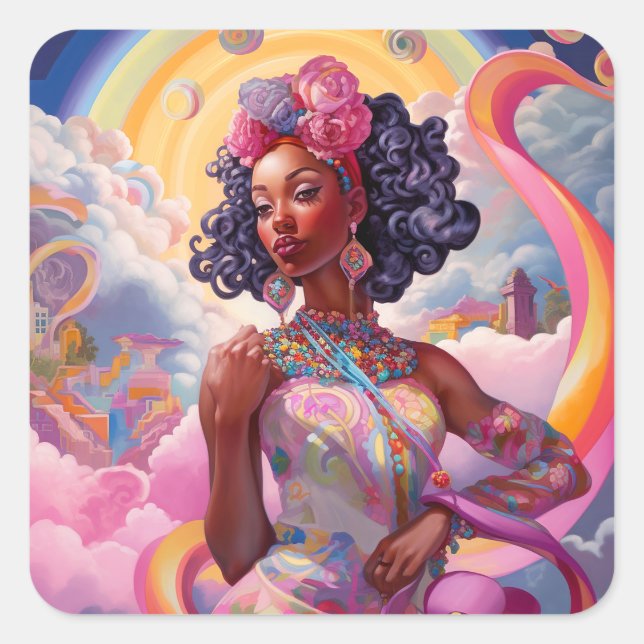 Lady In Surreal World African American Art Pink Square Sticker (Front)