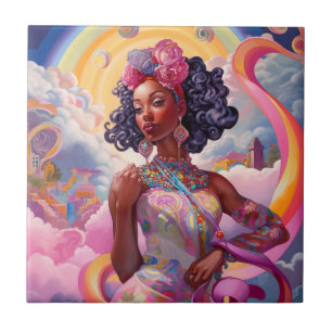 Lady In Surreal World African American Art Pink Tile
