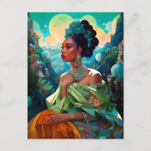 Lady In Surreal World African American Art Postcard