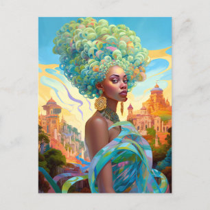 Lady In Surreal World African American Art Postcard